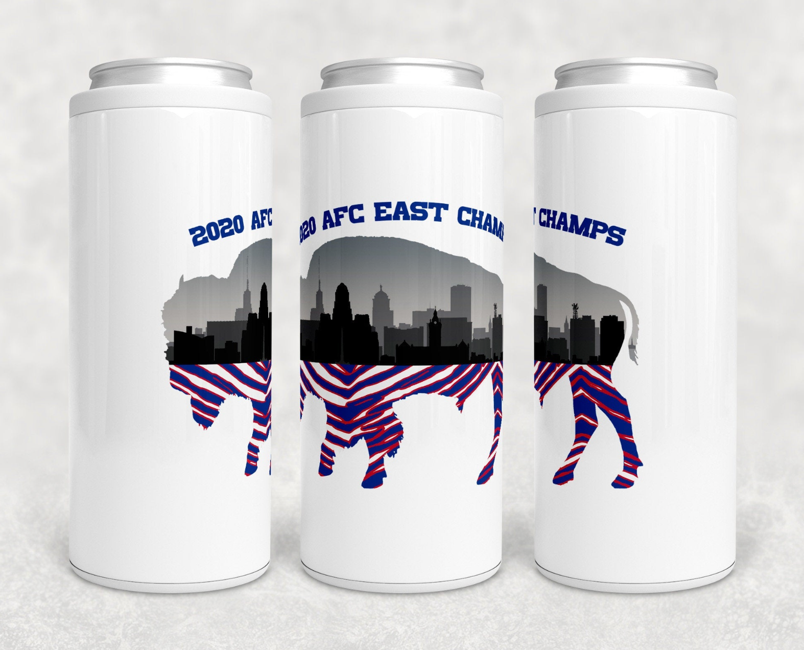 Buffalo AFC Champs Skinny Can Cooler featuring sublimated graphics, stainless steel body, and twist-off lid.