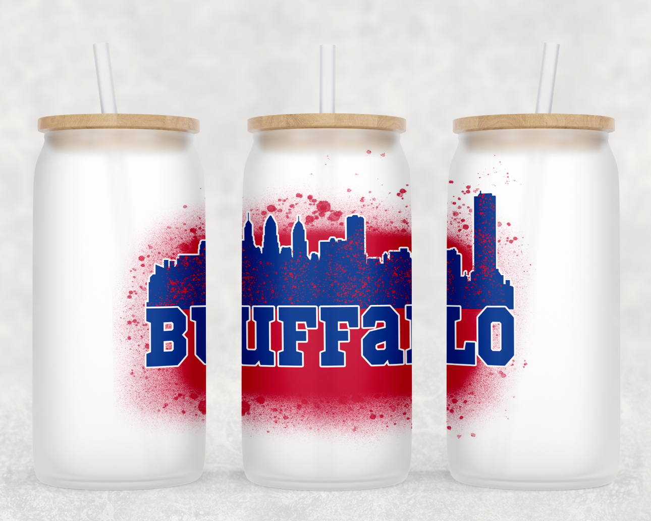 Buffalo Spray Paint Glass Can Tumbler with bamboo lid and clear straw, showcasing a frosted glass design.