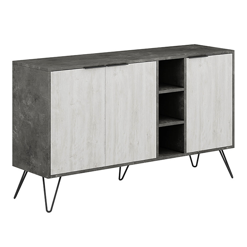 Buffet CALISTO in retro grey and ancient white, featuring three cabinets and shelves, supported by five black metal legs.