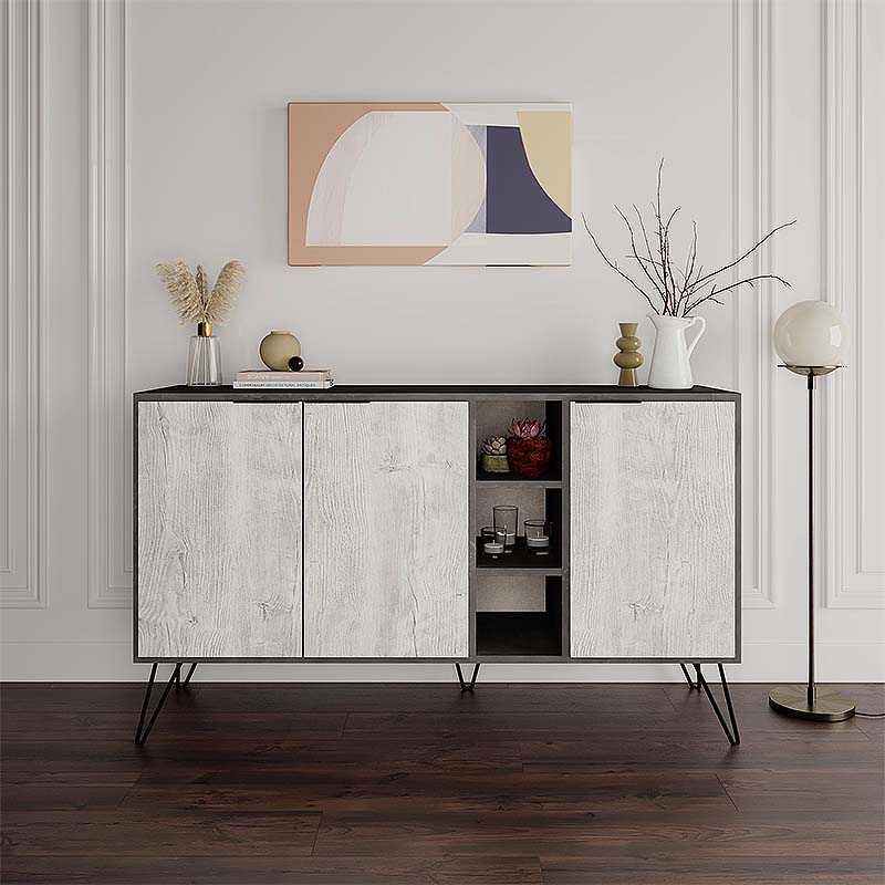 Buffet CALISTO in retro grey and ancient white, featuring three cabinets and shelves, supported by five black metal legs.