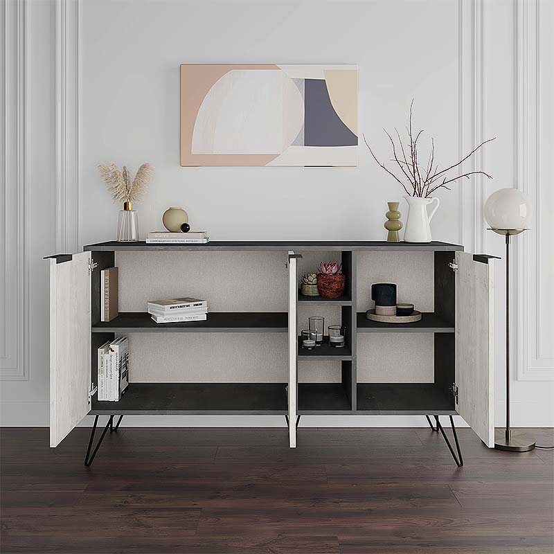 Buffet CALISTO in retro grey and ancient white, featuring three cabinets and shelves, supported by five black metal legs.