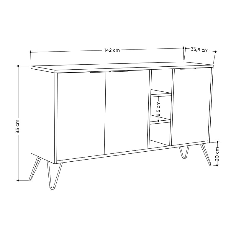 Buffet CALISTO in retro grey and ancient white, featuring three cabinets and shelves, supported by five black metal legs.