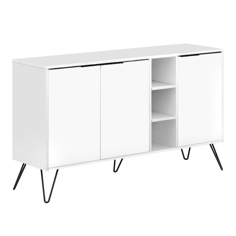 Buffet CALISTO in white with three cabinets and shelves, featuring black metal legs, ideal for home or business use.