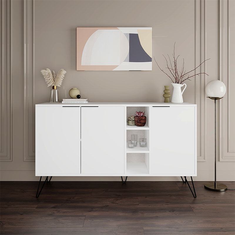 Buffet CALISTO in white with three cabinets and shelves, featuring black metal legs, ideal for home or business use.