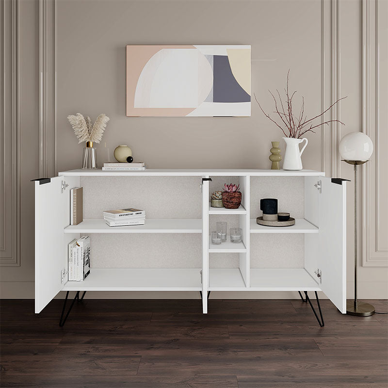 Buffet CALISTO in white with three cabinets and shelves, featuring black metal legs, ideal for home or business use.