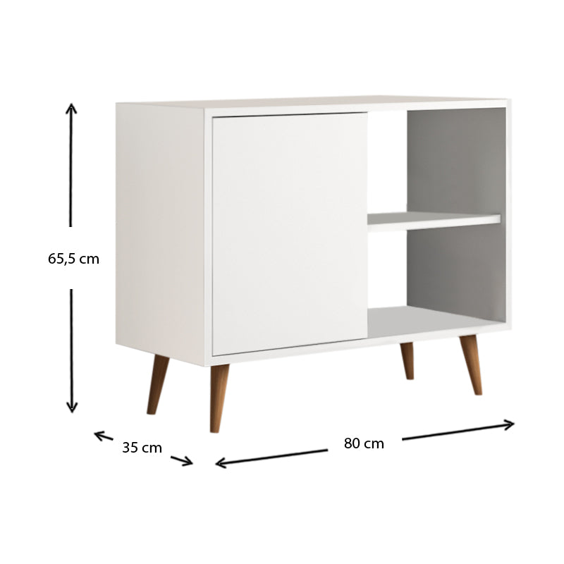 Buffet CAMBIA in white, featuring a sleek design and internal shelf for storage, measuring 80x35x66 cm.