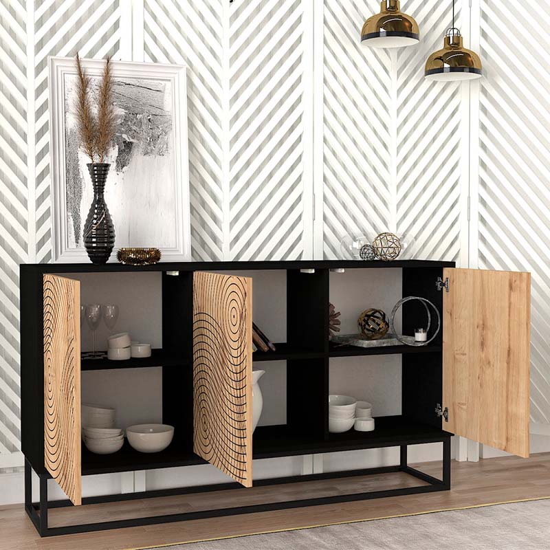 Buffet LINDA in black and sapphire oak, showcasing its elegant design and spacious storage.