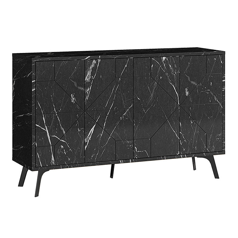 Buffet LUKAS featuring a black marble effect finish, showcasing two double-leaf cabinets and five sturdy metal legs for support.