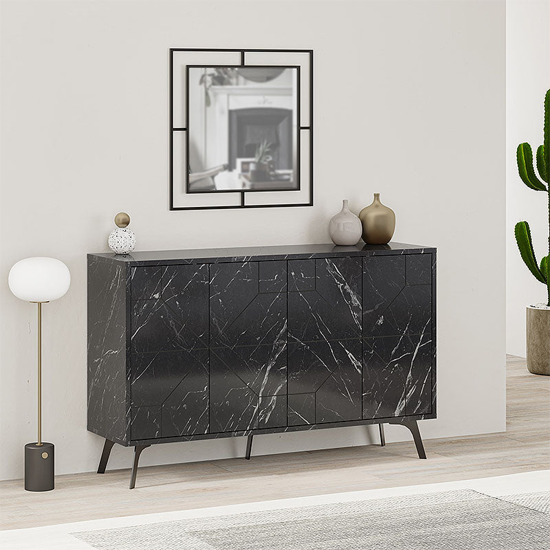 Buffet LUKAS featuring a black marble effect finish, showcasing two double-leaf cabinets and five sturdy metal legs for support.