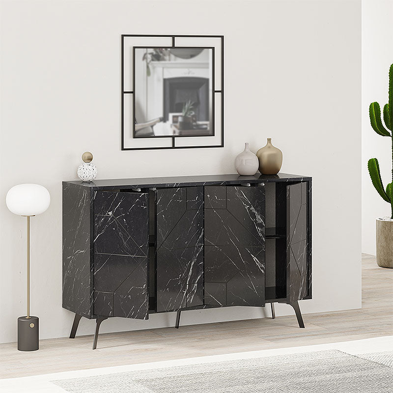 Buffet LUKAS featuring a black marble effect finish, showcasing two double-leaf cabinets and five sturdy metal legs for support.