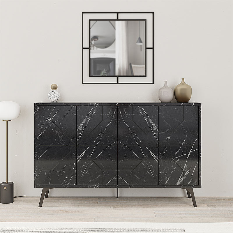 Buffet LUKAS featuring a black marble effect finish, showcasing two double-leaf cabinets and five sturdy metal legs for support.