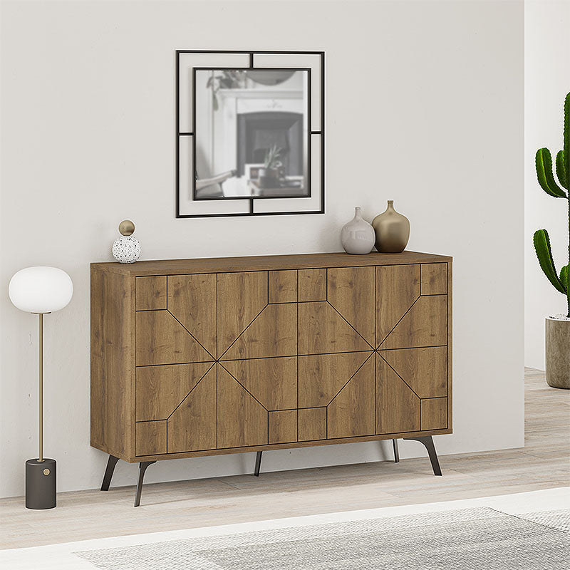 Buffet LUKAS in light brown, featuring two double-leaf cabinets and five metal legs for stability.