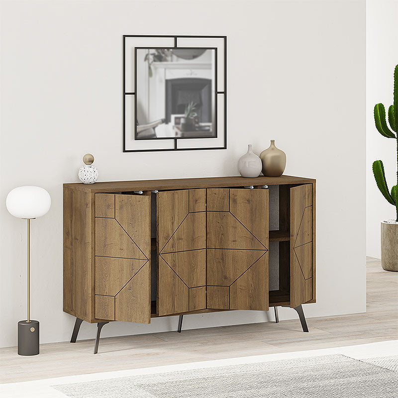 Buffet LUKAS in light brown, featuring two double-leaf cabinets and five metal legs for stability.