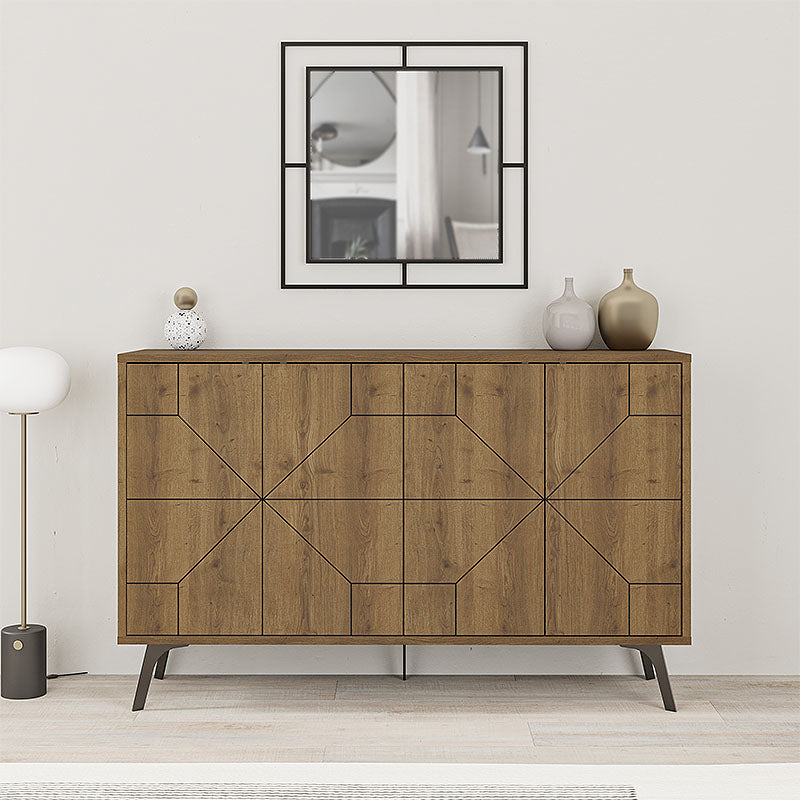 Buffet LUKAS in light brown, featuring two double-leaf cabinets and five metal legs for stability.