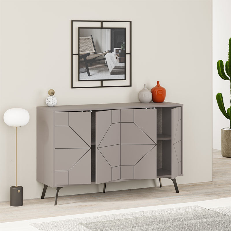 Buffet LUKAS in light mocha color, featuring two double-leaf cabinets and five metal legs for stability.