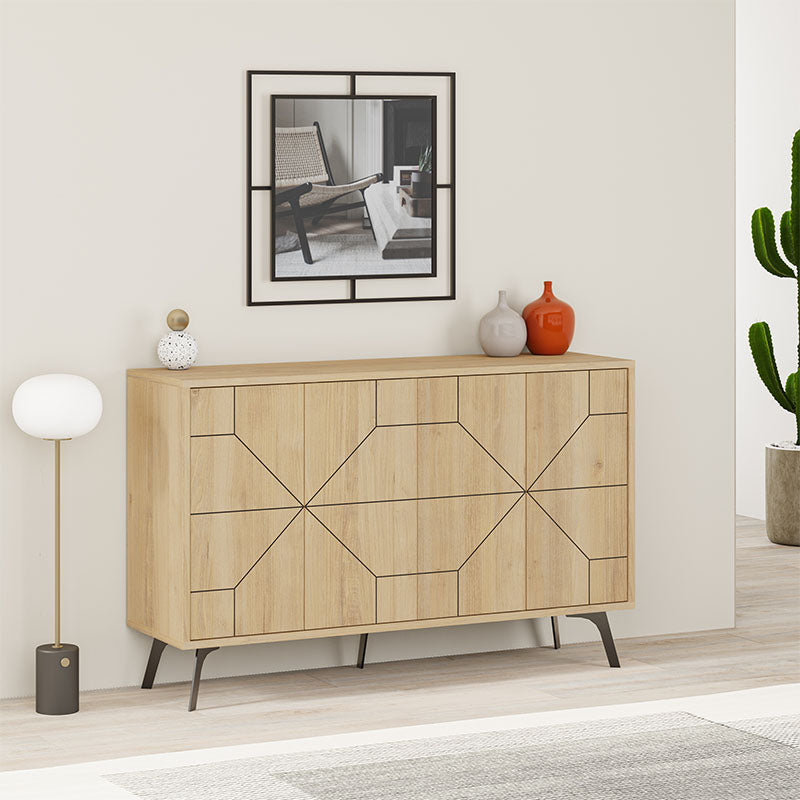 Buffet LUKAS in oak finish with two cabinets and five metal legs, showcasing its elegant design and sturdy construction.