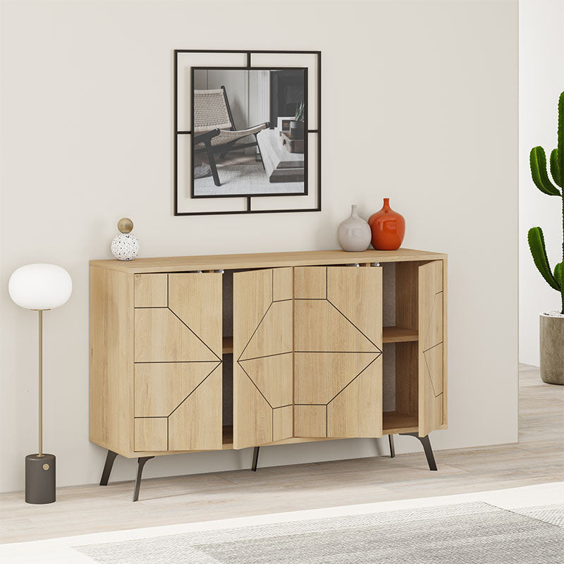 Buffet LUKAS in oak finish with two cabinets and five metal legs, showcasing its elegant design and sturdy construction.