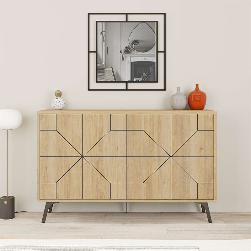 Buffet LUKAS in oak finish with two cabinets and five metal legs, showcasing its elegant design and sturdy construction.