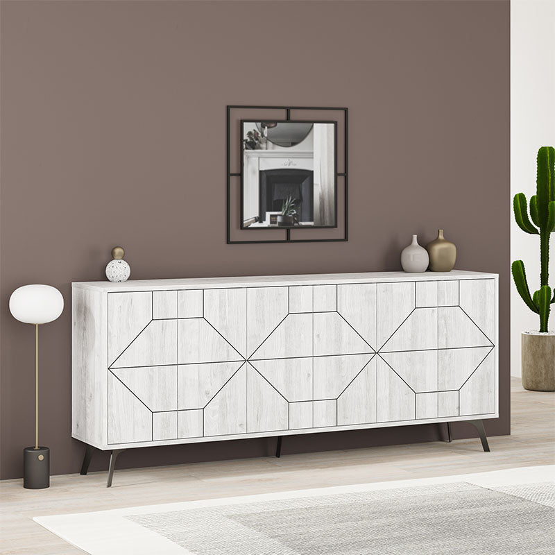 Buffet MIKE in ancient white color, featuring three double-leaf cabinets and five sturdy metal legs, perfect for stylish storage.