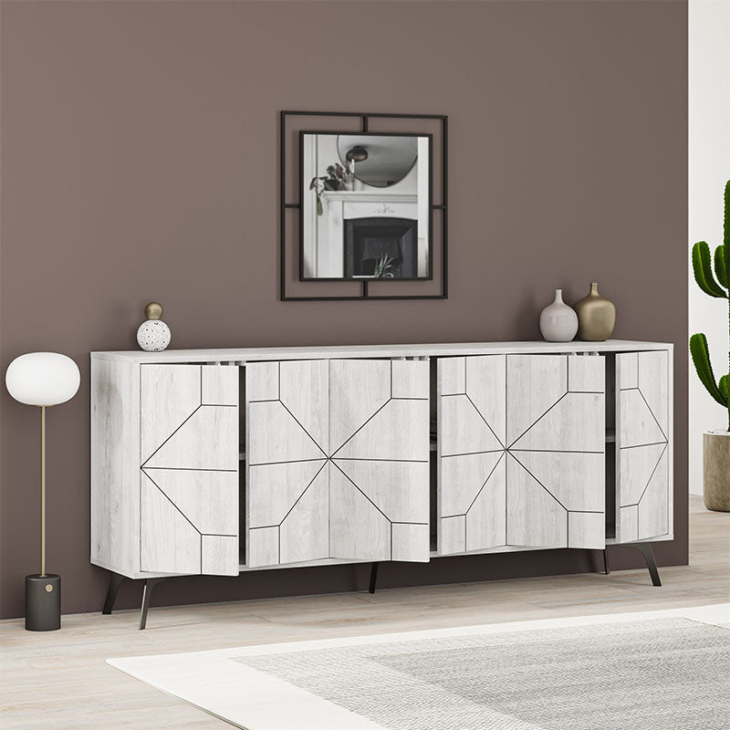 Buffet MIKE in ancient white color, featuring three double-leaf cabinets and five sturdy metal legs, perfect for stylish storage.