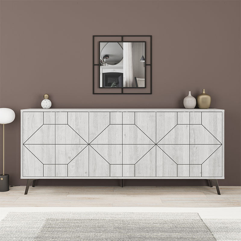 Buffet MIKE in ancient white color, featuring three double-leaf cabinets and five sturdy metal legs, perfect for stylish storage.