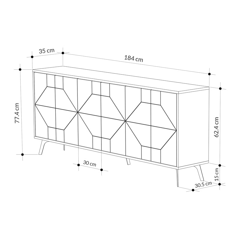 Buffet MIKE in ancient white color, featuring three double-leaf cabinets and five sturdy metal legs, perfect for stylish storage.