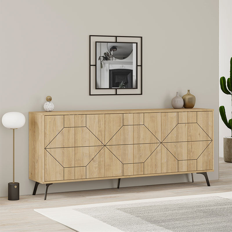 Buffet MIKE Oak in natural beech color, featuring three double-leaf cabinets and five sturdy metal legs for support.