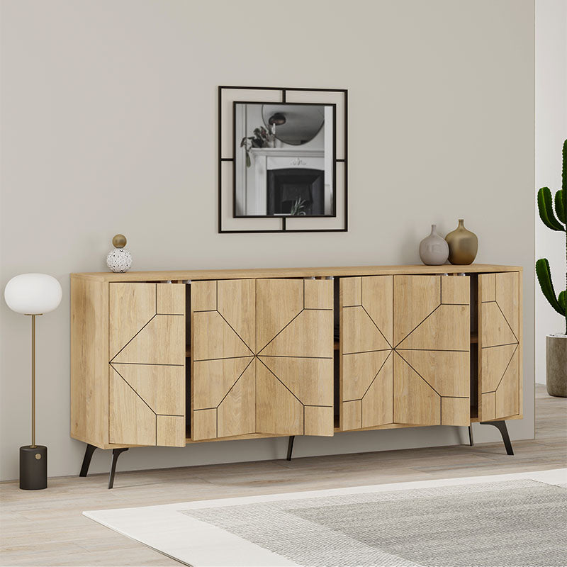 Buffet MIKE Oak in natural beech color, featuring three double-leaf cabinets and five sturdy metal legs for support.