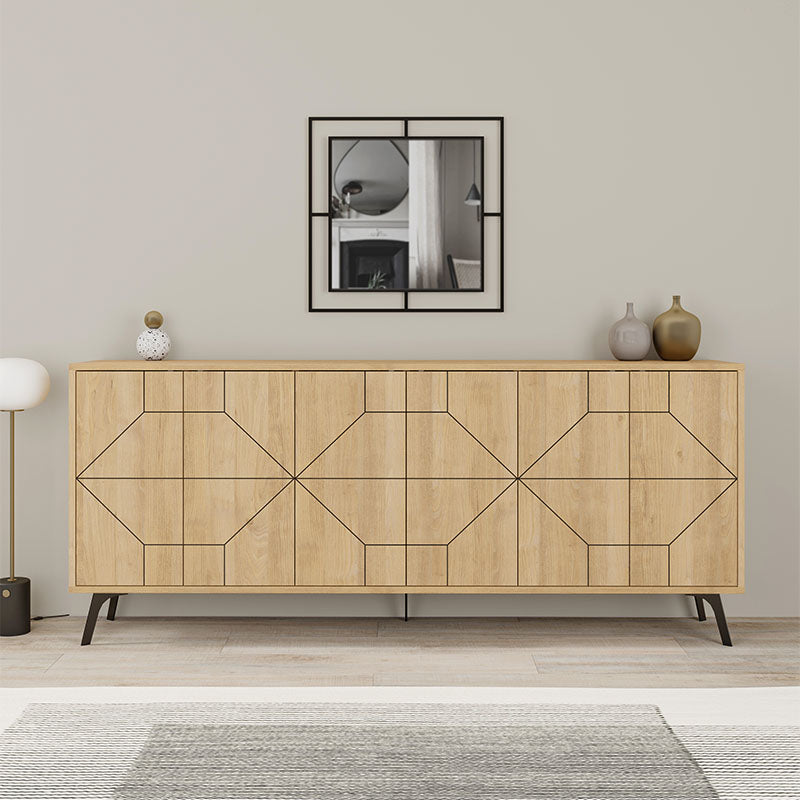 Buffet MIKE Oak in natural beech color, featuring three double-leaf cabinets and five sturdy metal legs for support.