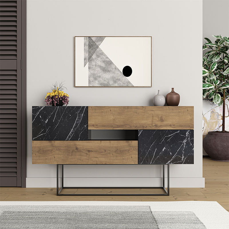 Buffet MIRACLE featuring a light brown-black marble effect, showcasing two cabinets and two drawers, perfect for home or office use.