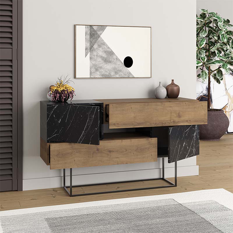 Buffet MIRACLE featuring a light brown-black marble effect, showcasing two cabinets and two drawers, perfect for home or office use.