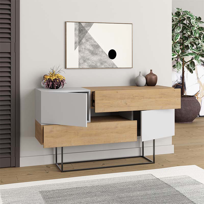 Buffet MIRACLE in oak-white finish, featuring two cabinets and two drawers, measuring 145x40x82cm, perfect for stylish storage.