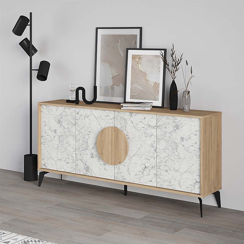 Buffet PARIS Oak with white marble effect, featuring natural beech color and spacious design, ideal for home or office storage.