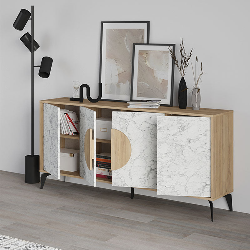 Buffet PARIS Oak with white marble effect, featuring natural beech color and spacious design, ideal for home or office storage.