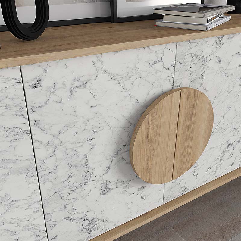 Buffet PARIS Oak with white marble effect, featuring natural beech color and spacious design, ideal for home or office storage.