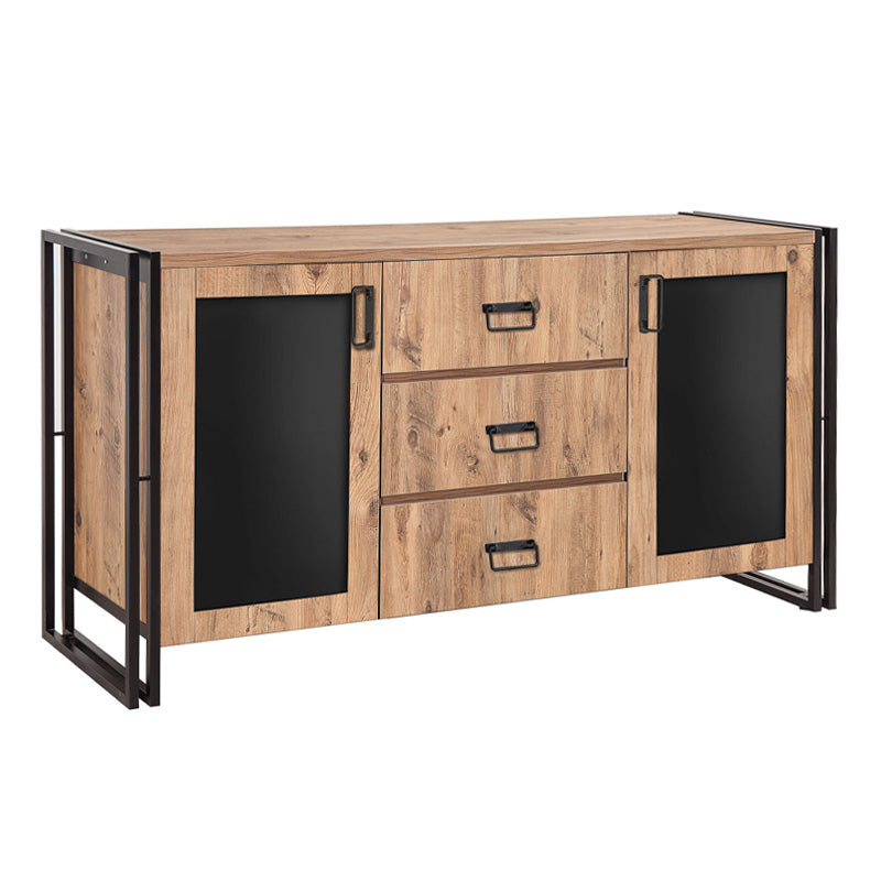 Buffet PRACTIC Pine in black, featuring modern design, metal legs, and spacious storage with cabinets and drawers.