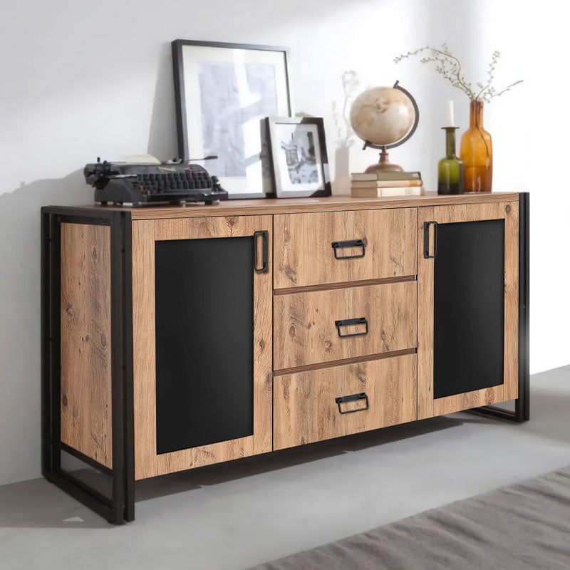 Buffet PRACTIC Pine in black, featuring modern design, metal legs, and spacious storage with cabinets and drawers.