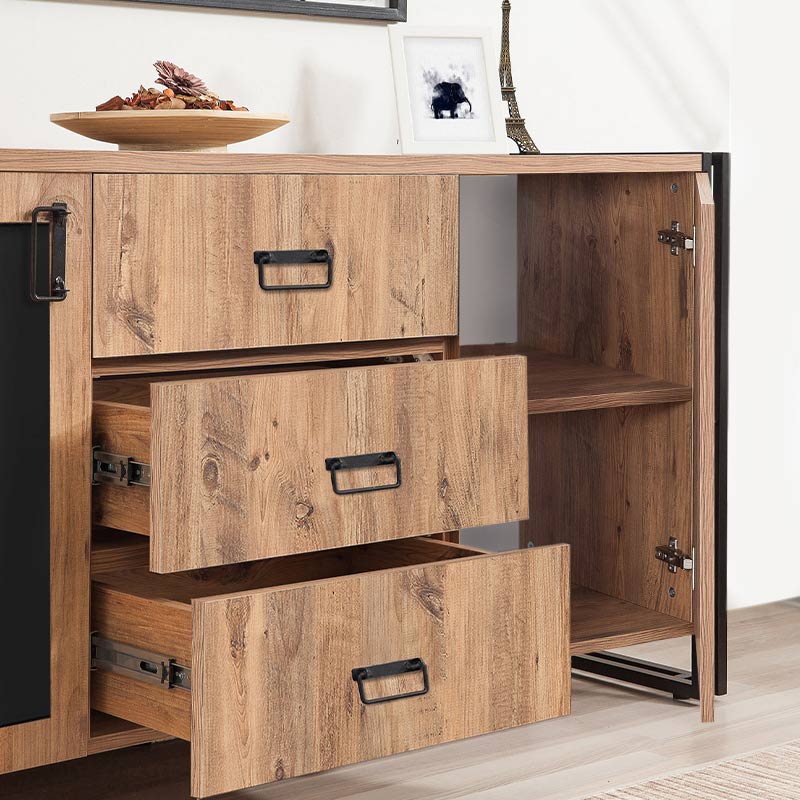 Buffet PRACTIC Pine in black, featuring modern design, metal legs, and spacious storage with cabinets and drawers.