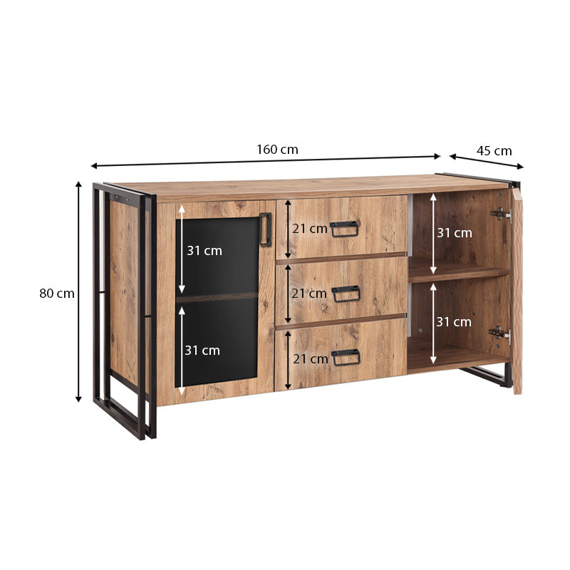 Buffet PRACTIC Pine in black, featuring modern design, metal legs, and spacious storage with cabinets and drawers.