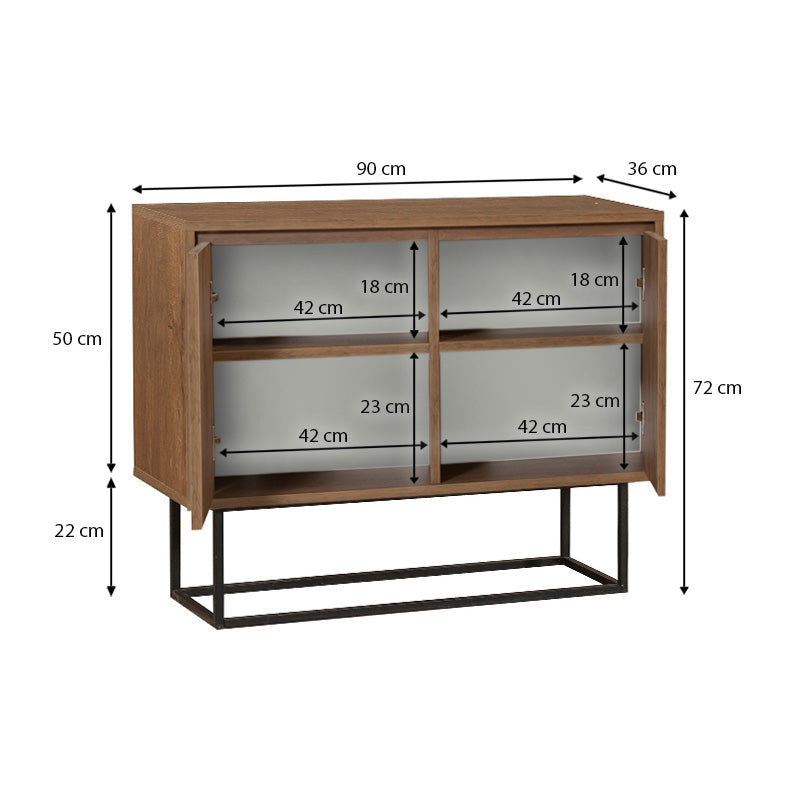 Buffet RAMIREZ in walnut finish, featuring two cabinets and metal legs, measuring 90x36x72 cm.