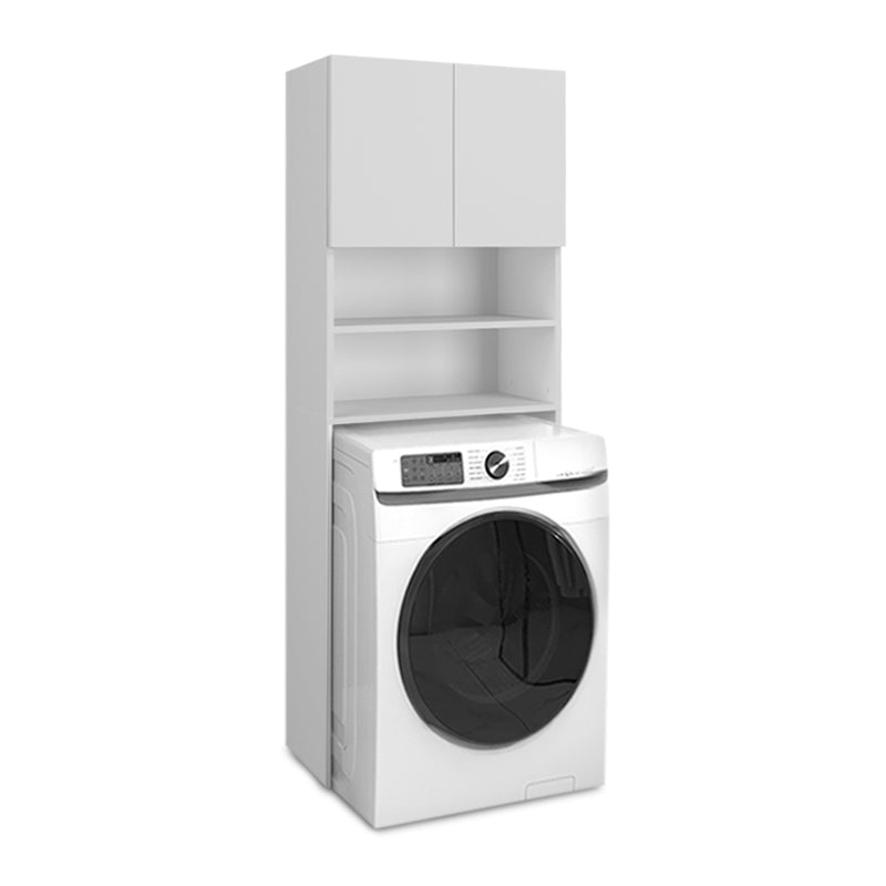 Buffet washing machine ENEA in white melamine finish, featuring two shelves and a double-leaf cabinet, ideal for laundry organization.