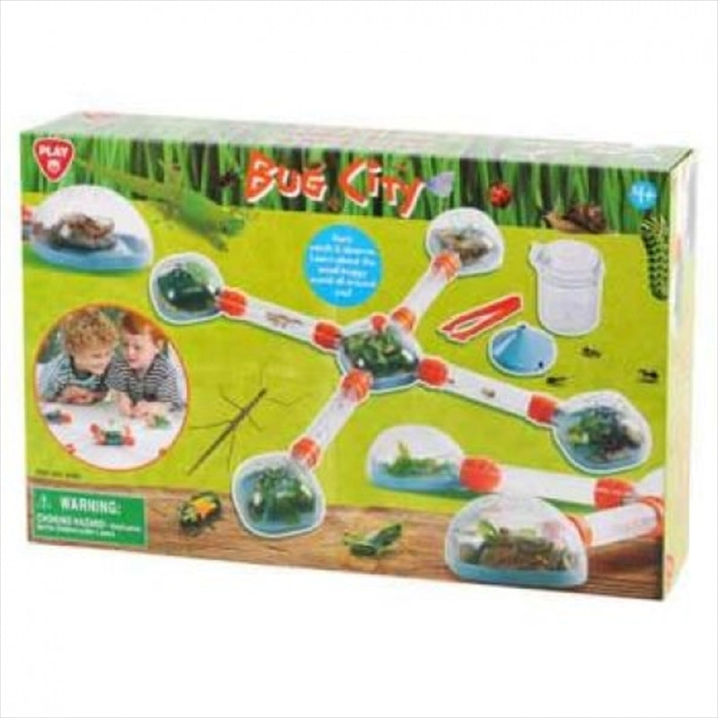 Bug City kit featuring transparent storage units, a jar with lid, and tweezers for observing insects.