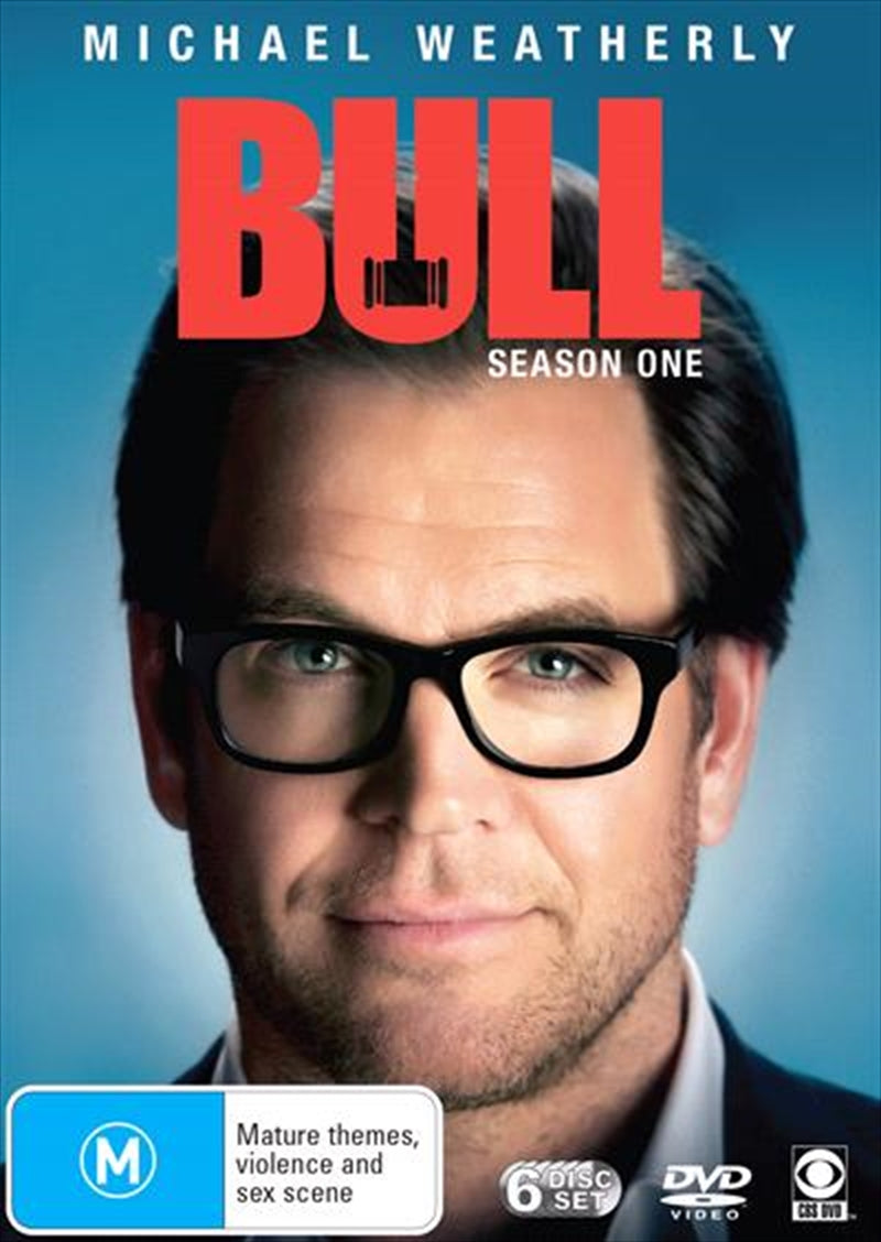 Bull - Season 1 DVD cover featuring Michael Weatherly as Dr. Jason Bull, showcasing dramatic courtroom scenes.