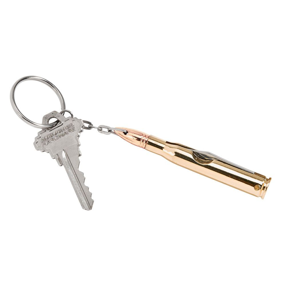 Bullet shaped keychain with knife, featuring brass tone finish and copper tone tip, resembling an AK-47 bullet.