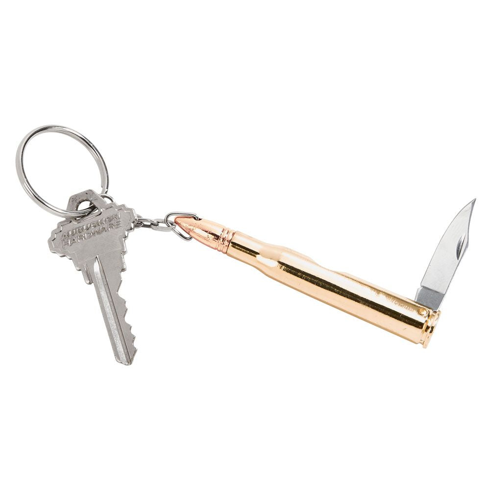 Bullet shaped keychain with knife, featuring brass tone finish and copper tone tip, resembling an AK-47 bullet.