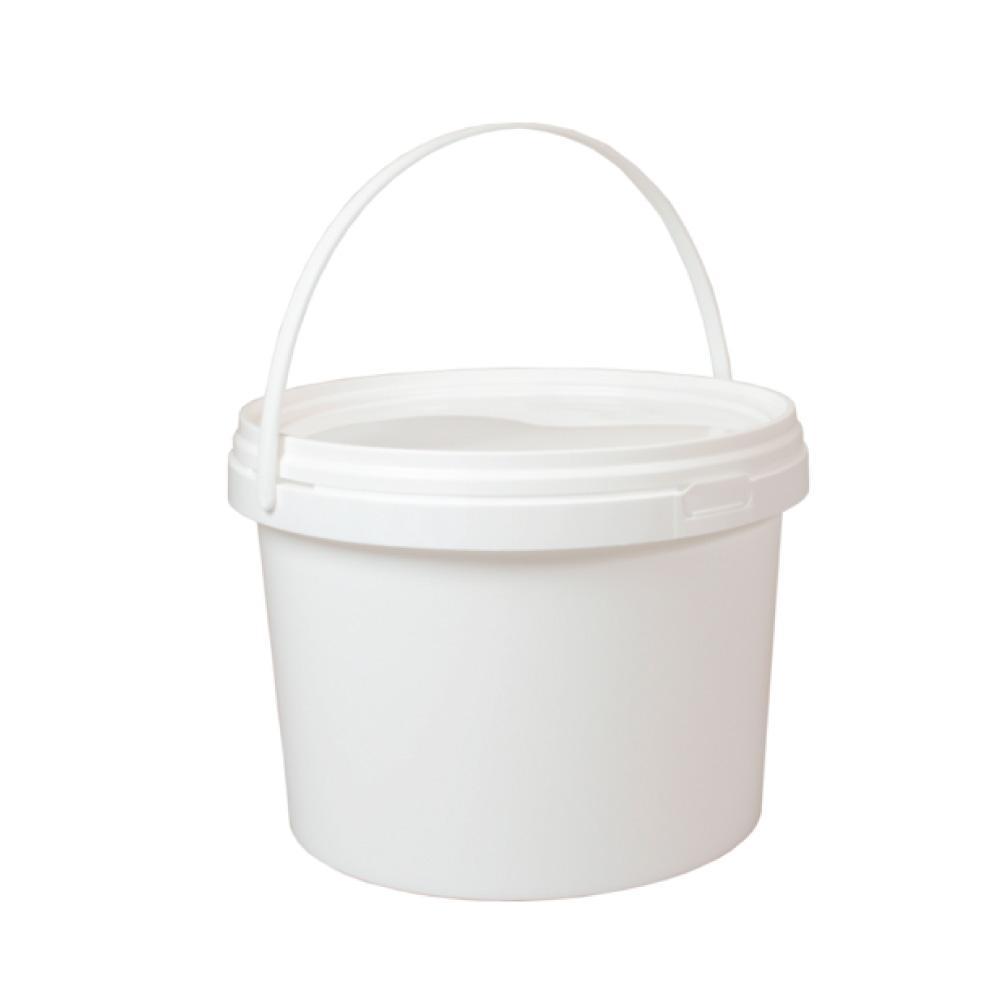 Bulk set of 10 white 5L plastic buckets with lids and handles, ideal for food storage and versatile applications.