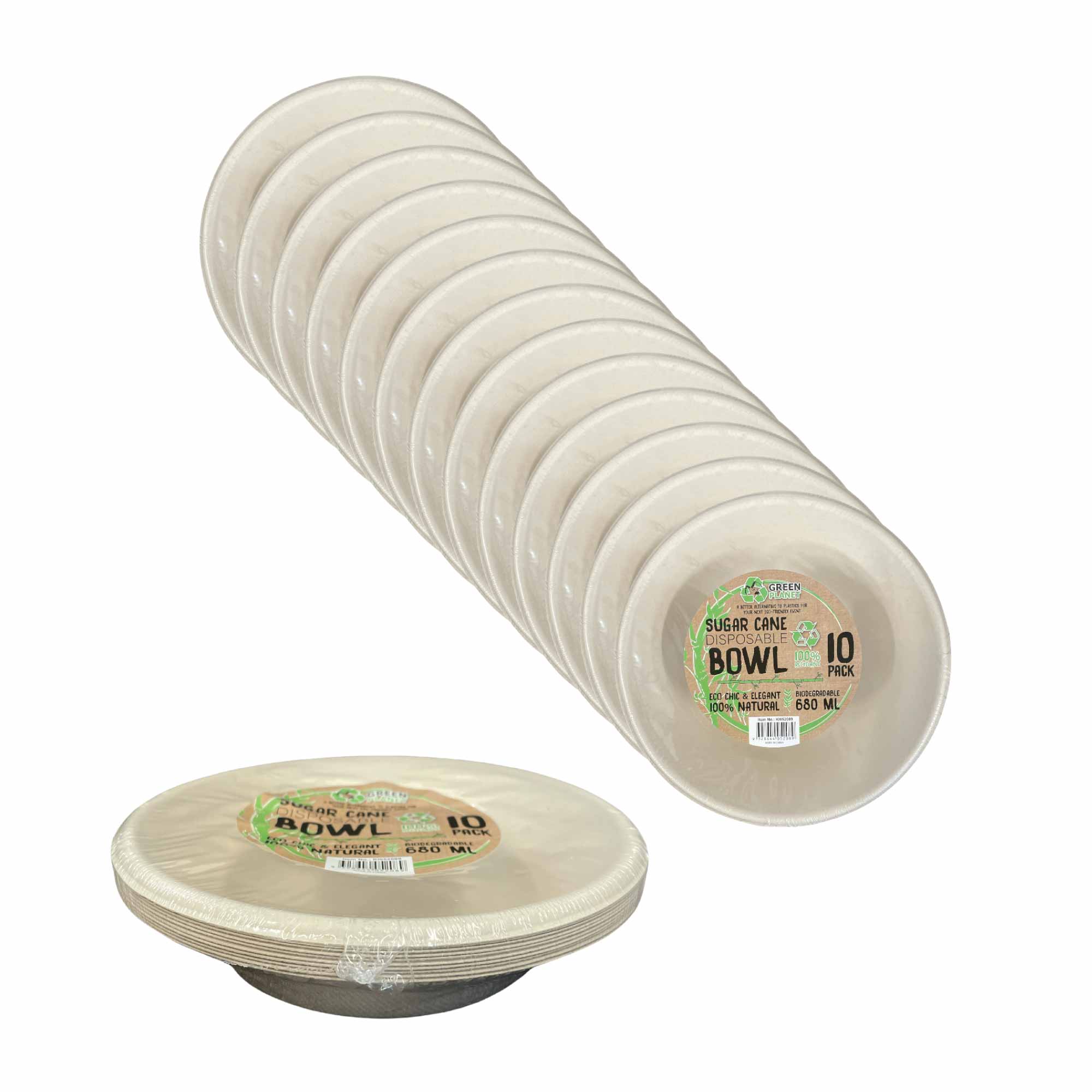 A stack of 680ml biodegradable disposable bowls made from sugar cane pulp, featuring an elegant beige color, ideal for parties and catering.