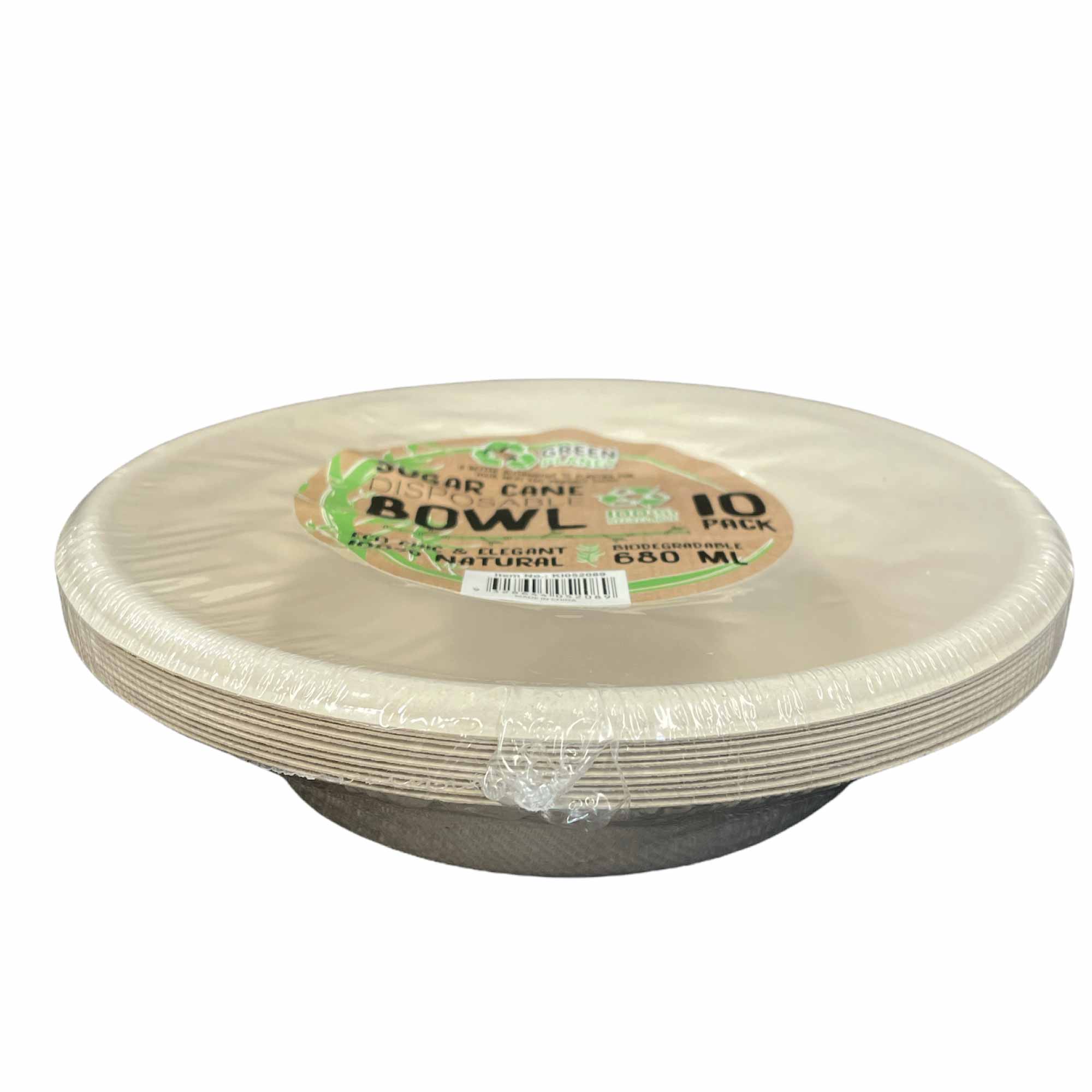 A stack of 680ml biodegradable disposable bowls made from sugar cane pulp, featuring an elegant beige color, ideal for parties and catering.