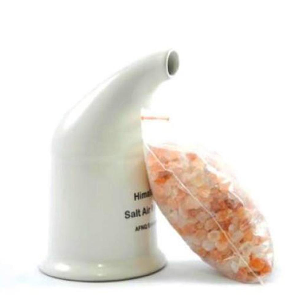 Himalayan Pink Salt Inhaler Pipe with 125g coarse salt, showcasing its porcelain design and salt chamber.