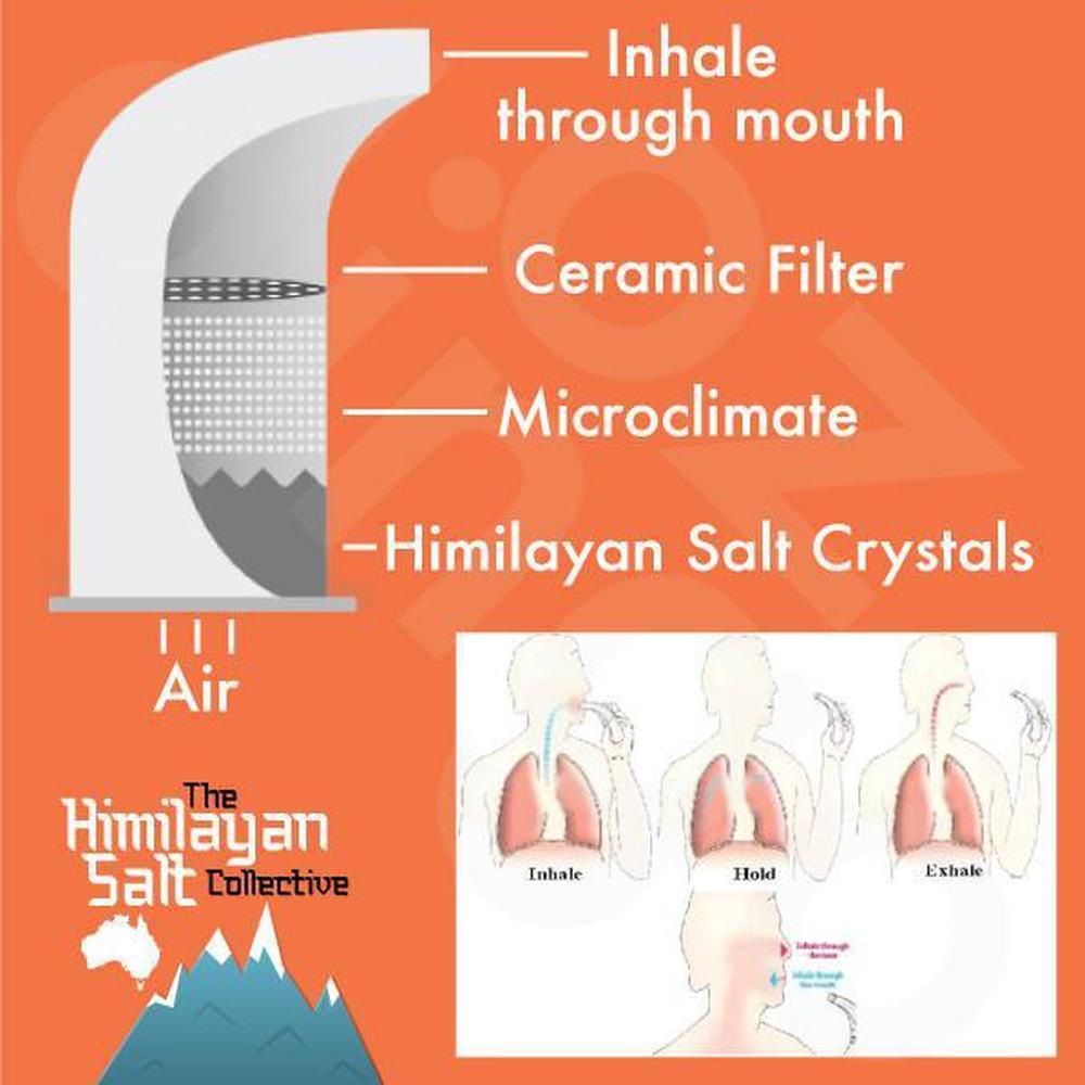 Himalayan Pink Salt Inhaler Pipe with 125g coarse salt, showcasing its porcelain design and salt chamber.